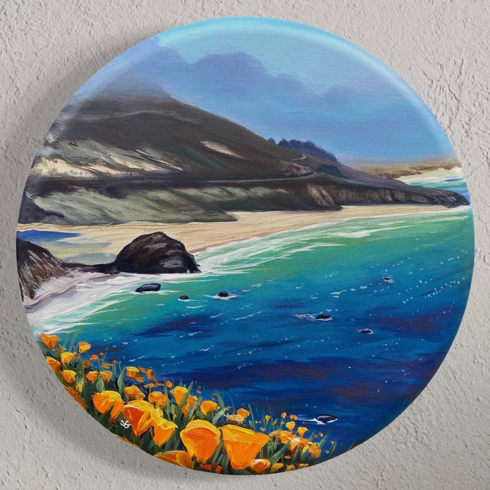 Garrapata's Glory, acrylic on canvas 16 inch circle