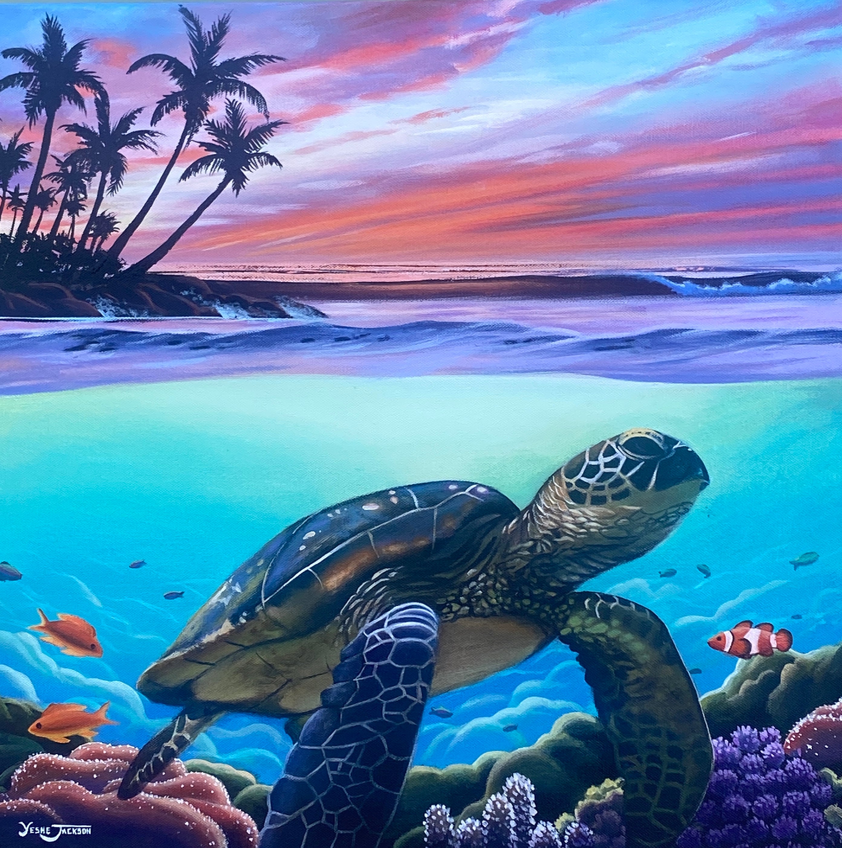 Sea Turtle Magic, acrylic on canvas 20x20 inches