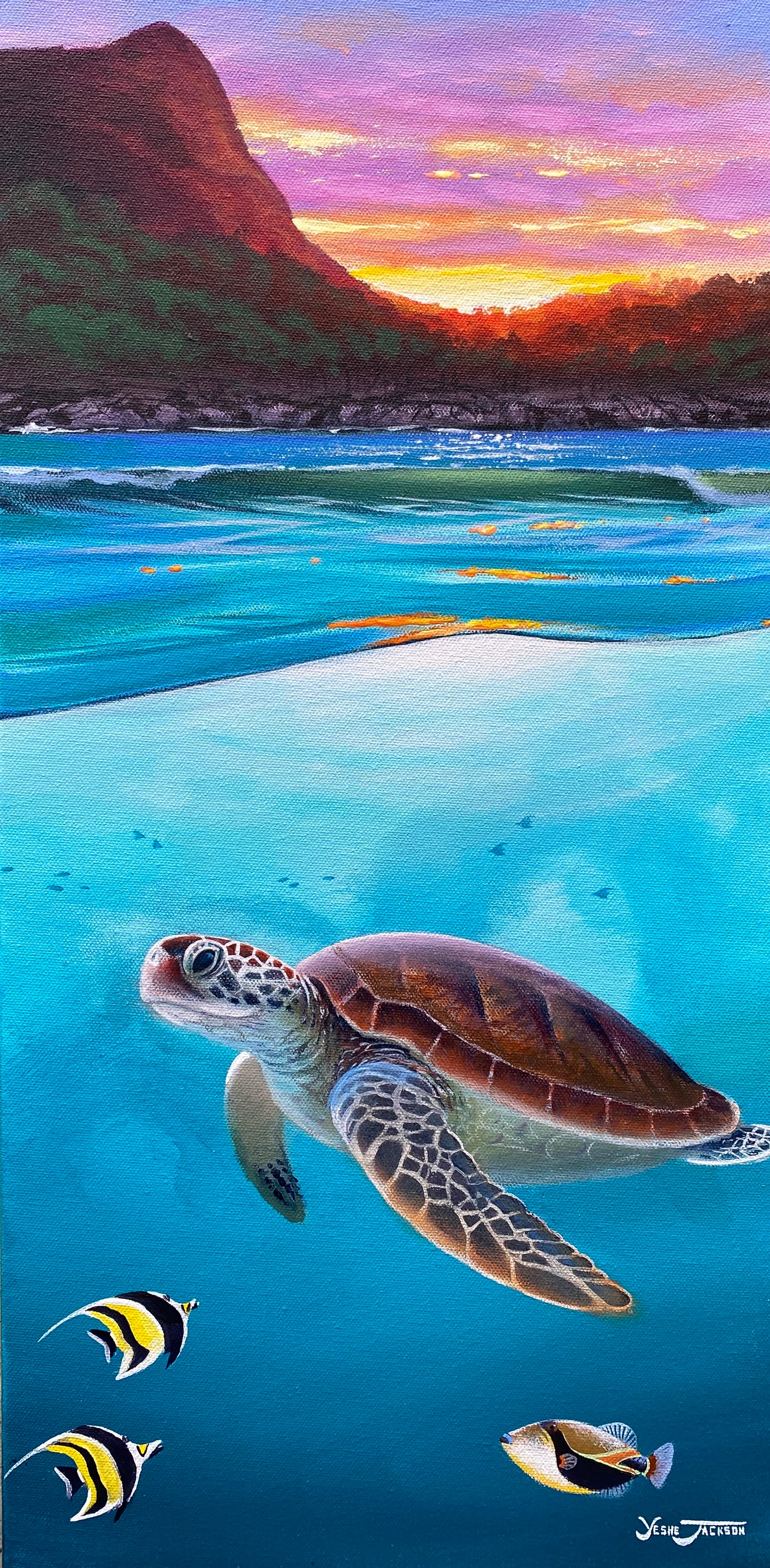 Tunnels Beach Turtle, acrylic on canvas 24x12 inches